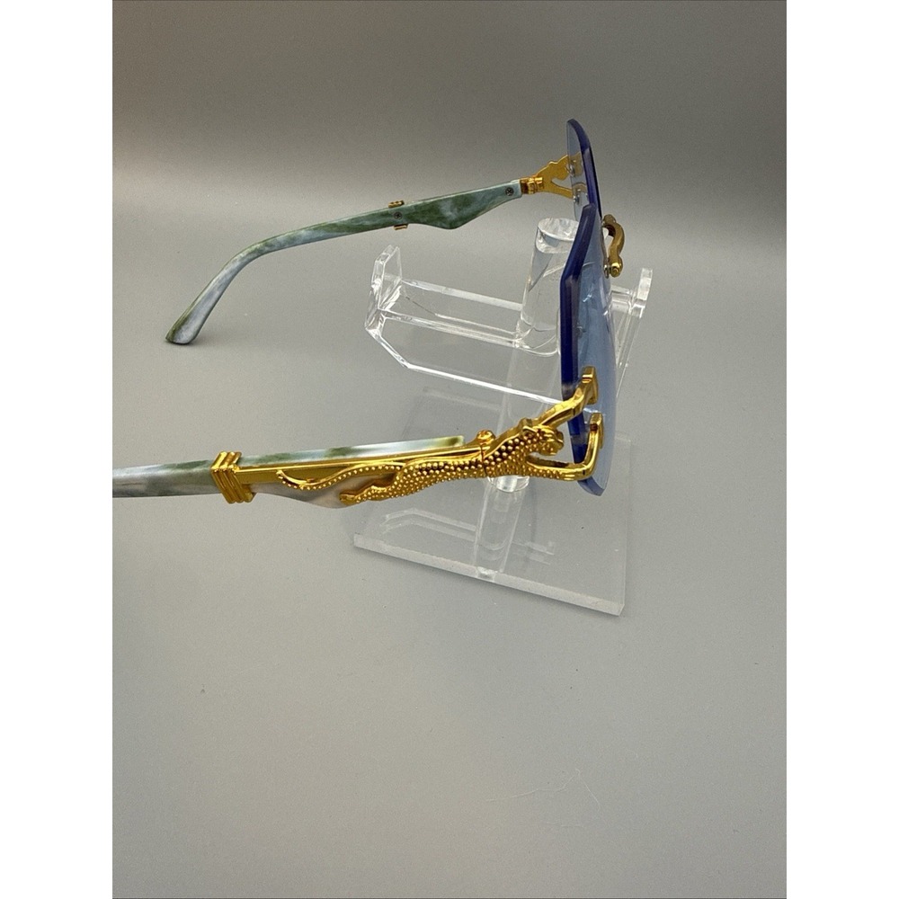 Custom Panther Rimless Glasses Unisex Gold Tone Blue Marble Hexagon NWOB Designe